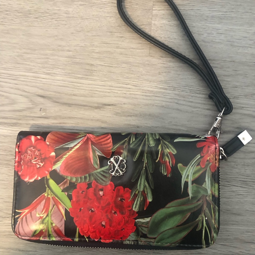 Christian Lacroix Black Floral Wristlet with Red and Green Accents